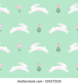 Easter bunny with spring flowers seamless pattern on green background. Cute scandinavian style holiday background. Cartoon baby rabbit illustration. Easter design for textile, fabric, decor.