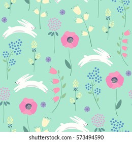 Easter bunny with spring flowers seamless pattern on green background. Cute childlike style holiday background. Cartoon baby rabbit illustration. Easter design for textile, fabric, decor.