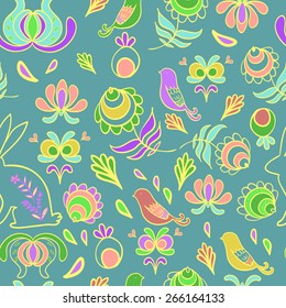Easter Bunny in a the spring garden. Spring Blue background.