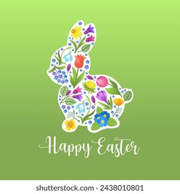 Easter bunny spring greeting card design. Cute baby rabbit sitting silhouette vector illustration. Happy Easter text. Template for banner, poster, print. Little rabbit shape with floral pattern.