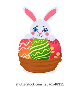 Easter bunny. Spring holiday rabbit hugging painted Easter egg, cute little bunny with colored Easter eggs flat vector illustration. Cartoon Easter holiday symbols