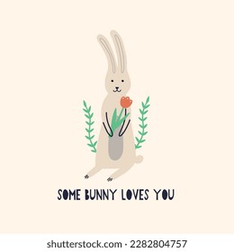 Easter bunny with spring tulip flowers. Cartoon Rabbit character. Happy Easter holiday concept for egg hunt design, print, social media, poster, postcard. Modern Flat Style