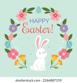 Easter bunny in a spring wreath.Easter card.Happy Easter.Cute spring illustration.