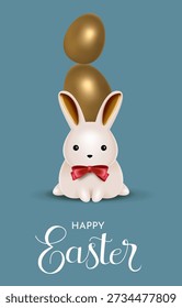 Easter Bunny With Stacked Golden Easter Eggs Vertical Greeting Card Illustration for Fun Spring Holiday Celebration Design