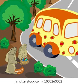 Easter bunny is standing by the side of the road