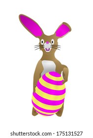 Easter bunny standing over a large striped egg