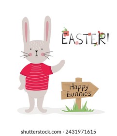 The Easter bunny stands near a sign indicating Happy Bunnies. Pointer. The rabbit is painted by hand with natural brushes. Christ is risen. Easter. Vertical poster, Easter card, Happy Easter banner.