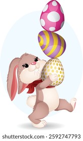 Easter Bunny Struggling to Carry and Balance Painted Festive Eggs. Cute Cartoon Graphic Isolated.