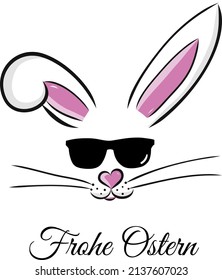 Easter bunny in sunglasses vector illustration drawn by hand. Bunny face, ears and tiny muzzle with whiskers isolated on white background. Happy Easter on German Frohe Ostern