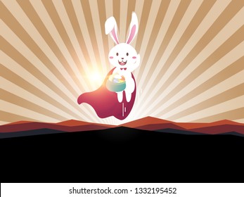Easter bunny superhero holding easter egg.