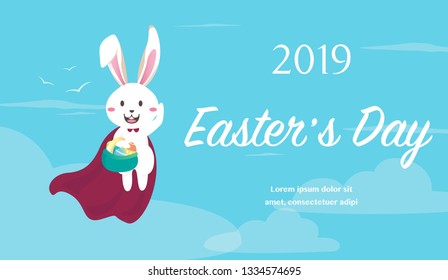 Easter bunny superhero holding easter egg.