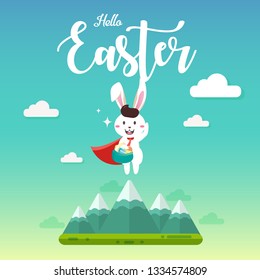 Easter bunny superhero holding easter egg.