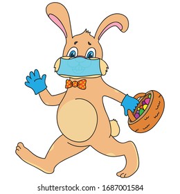 Easter Bunny in surgical mask and medical gloves during quarantine during coronavirus pandemic