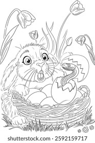 The Easter bunny is surprised to look into a basket of Easter eggs, one of which hatches a small snake. Contour drawing for coloring in the style of children's illustration.