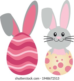 Easter bunny Svg vector Illustration isolated on white background. Bunny in the egg. Easter egg for Cricut and Silhouette. Easter decoration for shirt and scrapbooking.Pink egg and rabbit