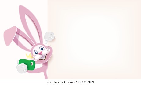 Easter Bunny taking selfie next to blank signboard,Easter web banner,vector illustration of online shopping website