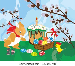 
Easter bunny talking congratulates chicken and two mice with Easter.