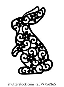 Easter Bunny template. Floral vector animal. Rabbit silhouette. For paper,laser cutting, sublimation. Cute festive character with ornament. Holiday symbol. Isolated on white background.