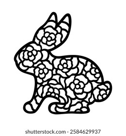 Easter Bunny template. Floral vector animal. Rabbit silhouette. For paper,laser cutting, sublimation. Cute festive character with roses ornament. Holiday symbol. Isolated on white background.