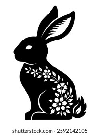 Easter Bunny template with flowers. Floral vector animal. Rabbit silhouette. For paper,laser cutting, sublimation. Cute festive character with ornament. Holiday symbol. Isolated on white background.