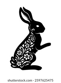 Easter Bunny template with flowers. Floral vector animal. Rabbit silhouette. For paper,laser cutting, sublimation. Cute festive character with ornament. Holiday symbol. Isolated on white background.