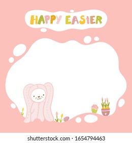 Easter bunny template for text or photo in simple colorful cartoon hand-drawn style. Vector baby stock illustration of a cute animal in a suit with Easter eggs, flowers on a pink background.