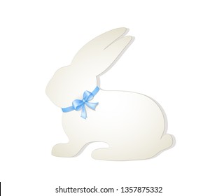 Easter bunny template, 
White paper Bunny with blue bow on the neck,
Vector illustration isolated on white background