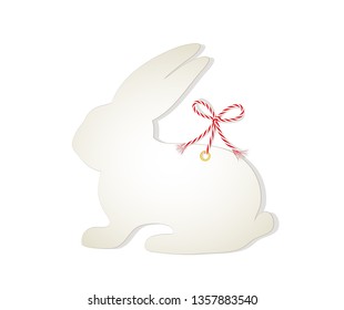 Easter bunny template, 
White paper Bunny with red cord string bow to hang,
Vector illustration isolated on white background