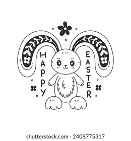 Easter bunny with text in doodle style. Cute hand drawn rabbit with handwritten text, twig, branch, flower. Cartoon vector illustration for poster, banner, invitation, greeting card