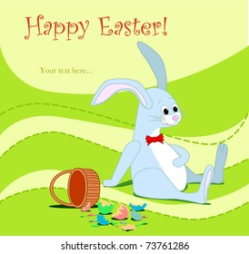 Easter Bunny that had eaten all eggs on green background