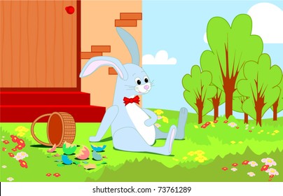 Easter Bunny that had eaten all eggs on grass
