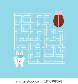 Easter bunny tooth kids maze game. Help white teeth boy with bunny rabbit ears to find right way to chocolate egg in labyrinth. Vector flat design dental baby puzzle illustration in cartoon style.