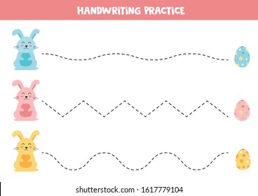 Easter bunny tracing with colorful eggs. Handwriting practice for kids.
