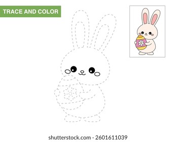 Easter bunny tracing and coloring worksheet for kids. Fun educational activity with a cute rabbit holding an Easter egg. Vector illustration.