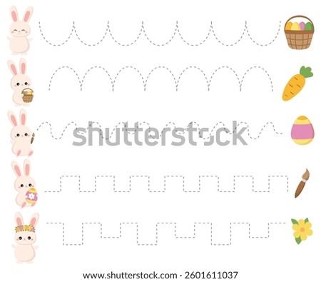 Easter bunny tracing lines worksheet for kids. Fun pre-writing activity to improve fine motor skills and handwriting practice. Kawaii cartoon characters. Vector illustration.