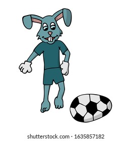 Easter bunny in a tracksuit kicks an Easter egg in the form of a soccer ball. white background isolated cartoon stock vector illustration