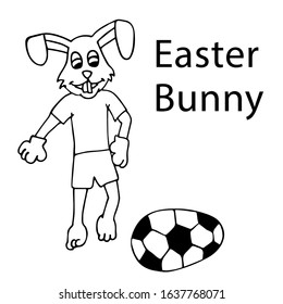 Easter bunny in a tracksuit kicks an Easter egg in the form of a soccer ball. white background isolated cartoon outline stock vector illustration