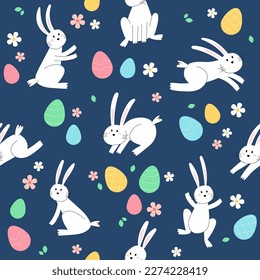 Easter bunny trendy pattern. Minimalist holiday characters, cute stylized rabbits, vector illustration background