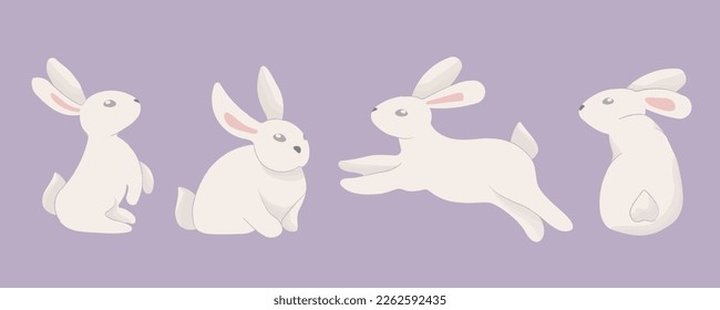 Easter bunny trendy set. Collection of cute white rabbits or hares. Flat cartoon colorful vector illustration