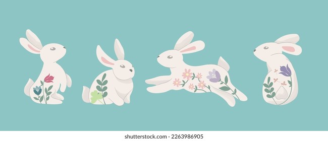 Juego de moda para el conejo de Pascua. Colección de lindos conejos blancos o liebres. Dibujo vectorial colorido de dibujos animados planos