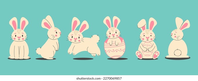 Easter bunny trendy set. Minimalist holiday characters, cute stylized rabbits, vector illustration for prints or greeting cards