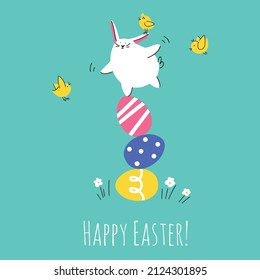 Easter bunny is trying to hold on the pyramid of different painted eggs. Little cgickens are flying around. Good for greeting cards, banners, invitations, flyers.
