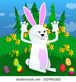 Easter bunny is trying to scare you. Vector cartoon character illustration.