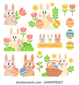 Easter bunny with tulip flowers and easter eggs illustration