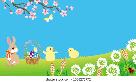 Easter bunny and two chicks playing in the spring nature, copy space layout design