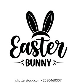 Easter bunny typography, Hand writing calligraphic lettering Happy Easter with bunny ears. Isolated on a white background.  vector illustration.