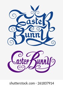 Easter bunny typography swirl label. Good use for sticker design, invitation element, title label card design, or any design you want. Easy to use, edit, or change color. Each object is a group.