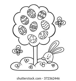Easter bunny under a tree. coloring book