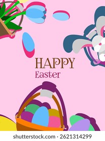 Easter bunny vector background with flower basket and egg