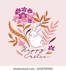Easter bunny vector card design. Rabbit, flowers and lettering on pink background . Cute hand drawn greeting card design.  Animal Easter illustration. 